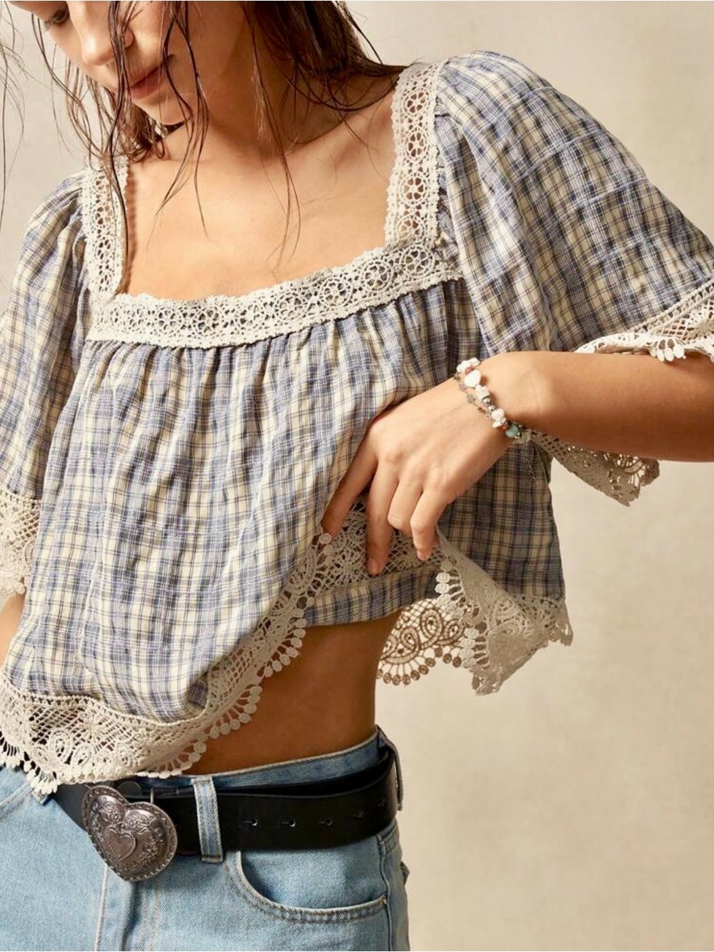 NWOT Square-Neck Plaid Lace-Trim Blouse in Blue and Cream in M & L - Picture 10 of 13